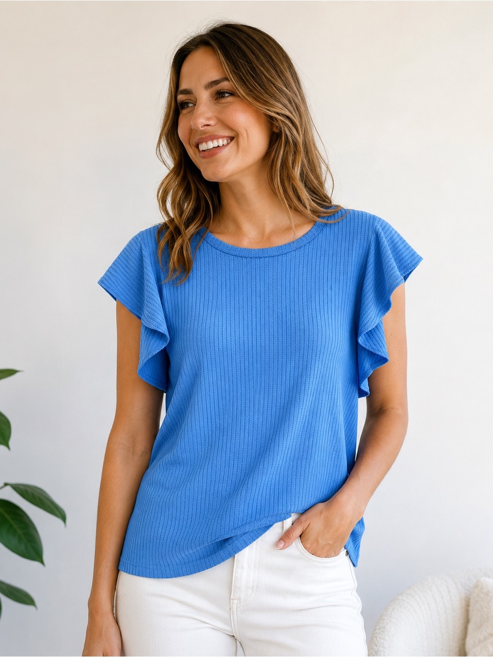 Liz Claiborne Bright Blue Flutter Sleeve Ribbed Top